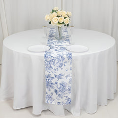 Polyester Table Runner 12"x108" White with Blue French Toile Floral Print - Stylish Reusable Table Décor