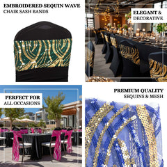 5 Pack Chair Sash Bands with Wave Embroidered Sequins Gold - Gleaming Accent for Weddings & Banquets
