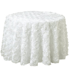 Satin 132" Round Tablecloth Ivory - Seamless Grandiose 3D Rosette Table Cover