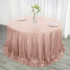 Sequin 132" Round Tablecloth Rose Gold - Seamless Dazzling Table Cover