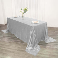 Sequin 90"x132" Rectangle Tablecloth Silver - Seamless Sparkly Table Cover