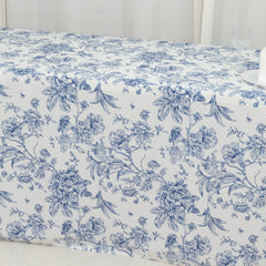 French Toile Fitted Tablecloth 8ft – Blue & White Rectangular Polyester Wrinkle-Resistant Table Cover