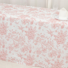 French Toile Fitted Tablecloth 8ft – Pink & White Rectangular Polyester Wrinkle-Resistant Table Cover