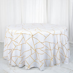 Polyester 120" Round Tablecloth White with Gold Foil Geometric Pattern Wrinkle-Resistant Modern Seamless Table Cover