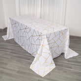 Polyester 90"x132" Rectangle Tablecloth White Seamless with Gold Foil Geometric Pattern - Wrinkle-Resistant Seamless Table Cover for Sophisticated Events