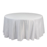 Lamour Satin 120" Round Tablecloth White - Seamless Table Cover with Soft Tempered Sheen for Upscale Gatherings