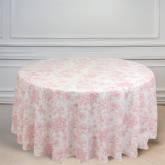 Polyester 120" Round Tablecloth White - Pink French Toile Pattern for Stylish Events
