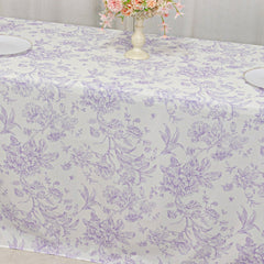 Polyester 90"x132" Rectangle Tablecloth White - Seamless Lavender Lilac French Toile Pattern for Formal Celebrations