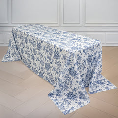 Polyester 90"x156" Rectangle Tablecloth White - Seamless Blue French Toile Pattern for Chic Weddings