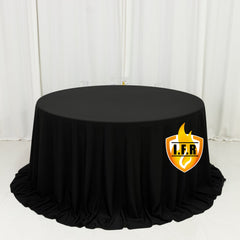 Fire Retardant Scuba Tablecloth – 132" Round Black, Wrinkle Free, Stain Resistant, Seamless Polyester Cover