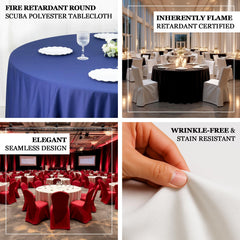 Fire Retardant Scuba Tablecloth – 132" Round White, Wrinkle Free, Stain Resistant, Seamless Polyester Cover