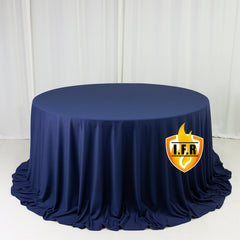 Fire Retardant Scuba Tablecloth – 132" Round Navy Blue, Wrinkle Free, Stain Resistant, Seamless Polyester Cover
