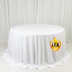 Fire Retardant Scuba Tablecloth – 132" Round White, Wrinkle Free, Stain Resistant, Seamless Polyester Cover