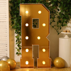 Giant LED Marquee Light Up Letter "R", Gold 4ft Pre-Cut Foam Board with 10 Warm White Battery Operated LEDs, Glue Gun and Sticks