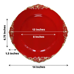 6-Pack Acrylic Round Charger Plates 13" in Red with Gold Embossed Baroque Rim, Antique Decorative Dinner Party Charger Tableware