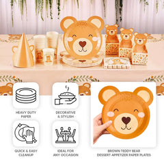 25-Pack Paper 7" Round Plates Brown Teddy Bear Print - Disposable 300GSM Cute Bear Themed Appetizer Dessert Party Plates for Baby Shower Birthday Event Decoration