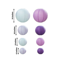 Set of 8 Mixed Purple White Hanging Paper Lanterns, Decorative Round Chinese Sky Lanterns, Assorted Sizes - 6",8",10",14"