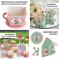25 Pack Turquoise Mini Teacup and Saucer Party Favor Boxes with Rose Floral Print, Tea Time Candy Boxes - 4"x3"