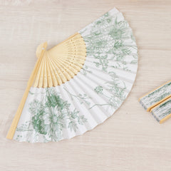 5-Pack Paper Folding Fans Party Favors in White & Sage Green French Toile Pattern, Handheld Fans with Bamboo Frame