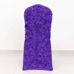 Satin Rosette Chair Cover for Banquet Chairs Purple - Stretch Fitted Slip-On Slipcover