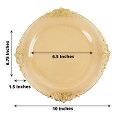 10-Pack Plastic 10" Round Dinner Plates in Transparent Amber Gold with Gold Leaf Embossed Rim - Disposable Vintage Baroque Style Plates