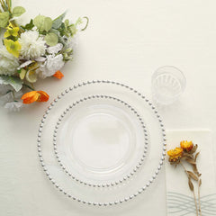 10-Pack Clear Plastic Dessert Plates – 8" Round with Silver Beaded Rim, Disposable for Parties & Events