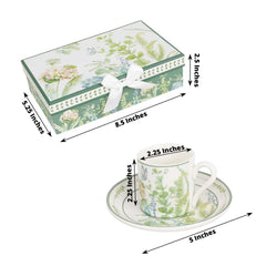 Greenery Theme Bridal Shower Gift Set, Set of 2 Porcelain Espresso Cups and Saucers with Matching Keepsake Box