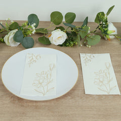 50 Pack White 2-Ply Paper Party Napkins with Gold Lilly Flowers Print, Highly Absorbent Soft Disposable Dinner Napkins