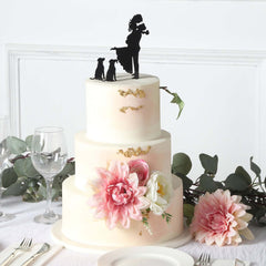 Acrylic Cake Toppers Black Silhouette Design of Bride, Groom, and Pet Dogs - Wedding Cake Decoration Set 7"