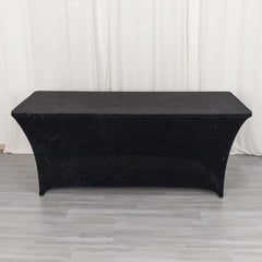 Crushed Velvet Fitted Rectangular 6ft Table Cover Black - Wrinkle-Free Stretchy Tablecloth