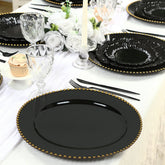 10-Pack Economy Round Plastic Charger Plates 13" in Black with Gold Beaded Rim, Stylish Dinner Party Serving Plates