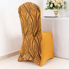 Spandex Chair Cover with Wave Embroidered Sequins for Banquet Chairs Gold/Black - Glittering Stretch Fitted Slipcover