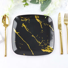 10-Pack Plastic 8" Square Dessert Plates in Black with Gold Marble Design - Disposable Appetizer Salad Party Plates
