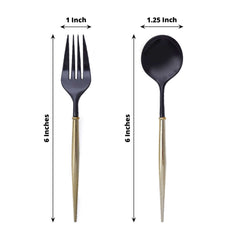 24-Pack Plastic Fork and Spoon Set Black/Gold - Heavy Duty Disposable Modern Utensils 6"