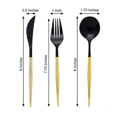 24-Pack Plastic Flatware Set in Black with Gold Handle - Heavy Duty Disposable Modern Silverware 8"