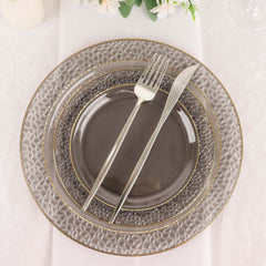10-Pack Plastic 10" Round Dinner Plates in Opaque Black Hammered Design with Gold Rim - Disposable Party Plates for Chic Banquets & Special Occasions
