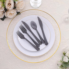 24-Pack Plastic Silverware Set with Fan Flared Tip Handle Transparent Black - Heavy Duty Disposable Utensils 7"