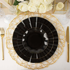 10-Pack Plastic 9" Round Dinner Plates in Black Ruffled Rim with Gold Edging - Sturdy Disposable Dinnerware
