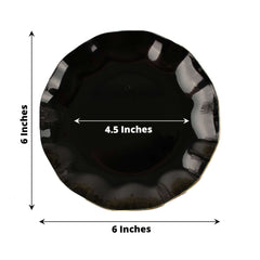 10-Pack Plastic Round 6" Dessert Plates in Black Ruffled Rim with Gold Edging - Sturdy Disposable Salad Appetizer Dinnerware