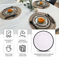 10-Pack Economy Plastic Round Charger Plates 12" in Clear with Wide Black Rim, Decorative Dinner Party Serving Plates