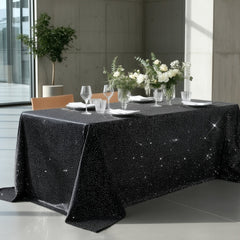 Scuba Rectangular Tablecloth 90"×132" Black with Rhinestone Accents – Seamless, Wrinkle-Free, Stain-Resistant Event Linen
