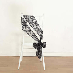 5 Pack Tulle Chair Sashes with Leaf Vine Embroidered Sequins Black 6"x88"