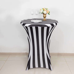 Spandex 30" Fitted Round Cocktail Table Cover Black/White Striped - Easy to Maintain Stretch Tablecloth