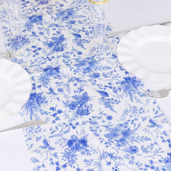 Satin 12"x108" Table Runner White with Blue French Toile Floral Pattern - Refined Style for Upscale Events