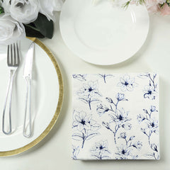 50-Pack Paper Cocktail Napkins with Blue Magnolia Flowers Print White - Highly 2 Ply Absorbent Soft Napkins for Beverages