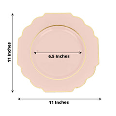 10-Pack Plastic Dinner Plates in Blush Baroque Design with Scalloped Gold Rim - Heavy Duty Disposable Party Plates 11"