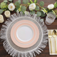 10-Pack Plastic Round Dessert Plates 7" White with Blush Rose Gold Spiral Rim - Chic Disposable Salad Plates for Events & Banquets