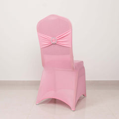 Spandex Chair Cover with Silver Rhinestone Buckled Sash Band Pink - Stretch Fitted Slipcover
