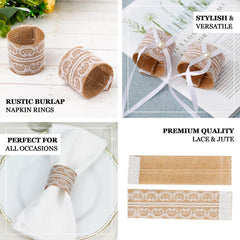 6 Pack Rustic Boho Chic Burlap and Lace Napkin Rings, Farmhouse Style Jute Serviette Buckles Holder