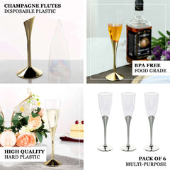 6-Pack Plastic Champagne Flutes Clear/Gold - Stylish Disposable Glasses for Toasts 5oz